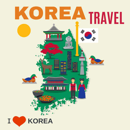 Worldwide travel poster for korea visitors with map and cultural national symbols and landmarks abstract flat vector illustrationのイラスト素材