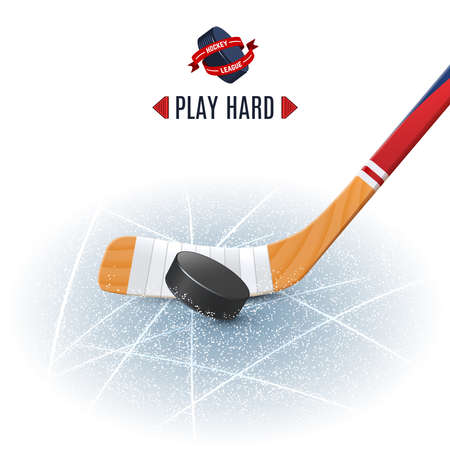 Ice hockey sport poster with wooden stick and puck realistic vector illustrationのイラスト素材
