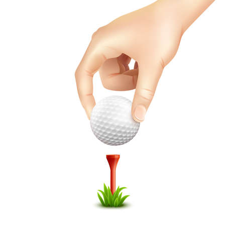 Hand putting a golf ball on a tee realistic background vector illustrationのイラスト素材