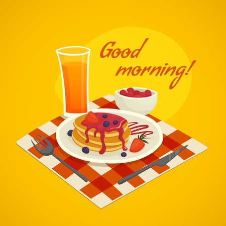 Breakfast design concept with glass of orange  juice plate of pancakes  and  good morning wishing vector illustrationのイラスト素材