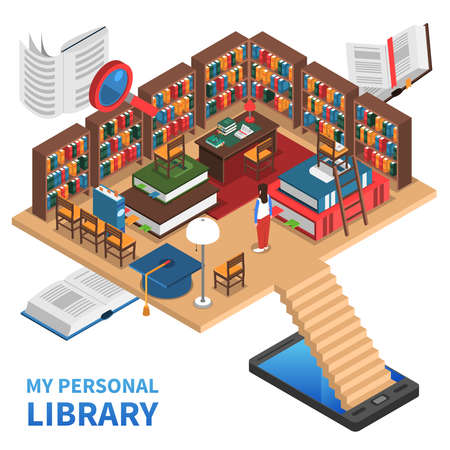 Personal library isometric concept with lots of books and bookshelves vector illustrationのイラスト素材