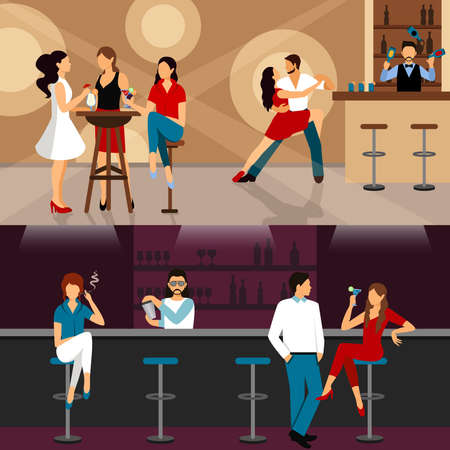 People drinking in bar horizontal banner set isolated vector illustrationのイラスト素材