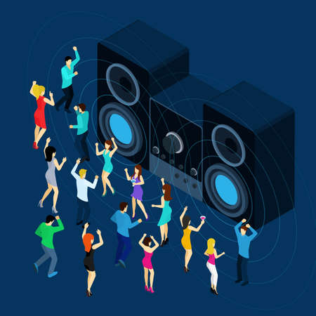 Dancing men and women with stereo sound symbols on blue background isometric vector illustrationのイラスト素材