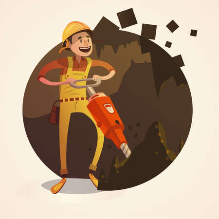 Mining concept with labor worker drilling with jack hammer in coalmine retro cartoon style vector illustrationのイラスト素材
