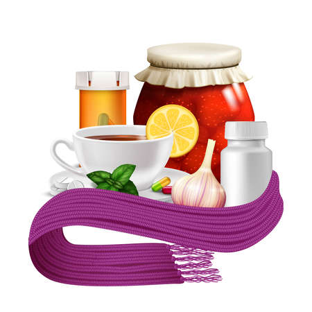 Anti-virus remedies set with realistic tea cup lemon warm scarf and pills vector illustrationのイラスト素材