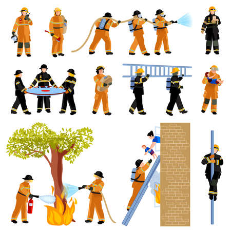 Decorative flat color icons set of firefighter people extinguishing fire with firehose and saving children vector illustrationのイラスト素材