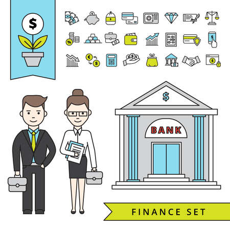 Flat finance concept with businessman and his employee near bank building and financial icons set isolated vector illustrationのイラスト素材