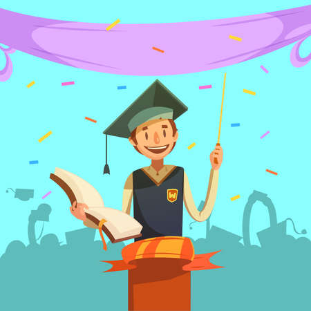 Education retro cartoon with happy graduating pupil holding open textbook vector illustrationのイラスト素材