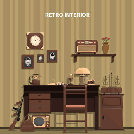 Retro interior with a microphone a table a radio and photos flat vector illustrationのイラスト素材
