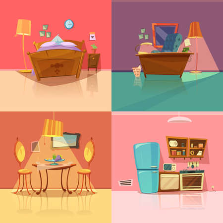 Interior retro set with bedroom dining room office and kitchen cartoon isolated vector illustrationのイラスト素材