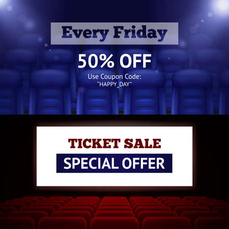 Cinema movie horizontal banners set with special offer symbols realistic isolated vector illustrationのイラスト素材