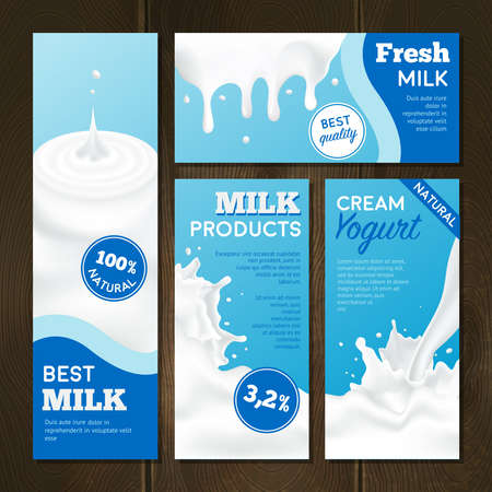 Milk products realistic banners set with splashes on wooden background isolated vector illustrationのイラスト素材