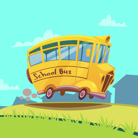 Cute retro yellow school bus on the road cartoon vector illustrationのイラスト素材