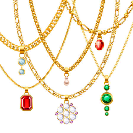 Golden jewelry chains set with different pendants realistic vector illustrationのイラスト素材