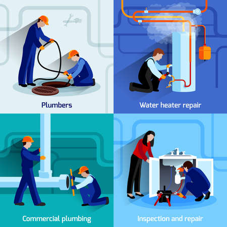 Plumber design concept set with pipes repair flat icons set isolated vector illustrationのイラスト素材