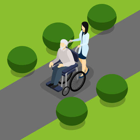 Elderly retired people with disabilities support service isometric banner with old man in wheelchair abstract vector illustrationのイラスト素材