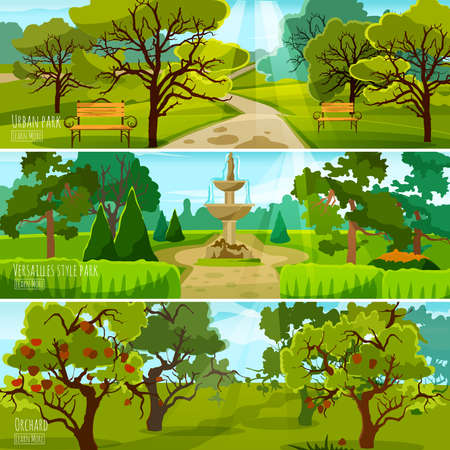Garden landscape banners set of city park for relaxation orchard and park in versatile style flat compositions vector illustrationのイラスト素材