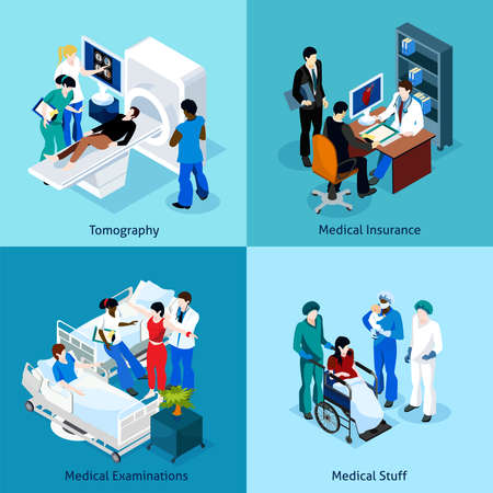 Relationship between patient doctor and other medical staff on a medical examination  isometric icon set vector illustrationのイラスト素材