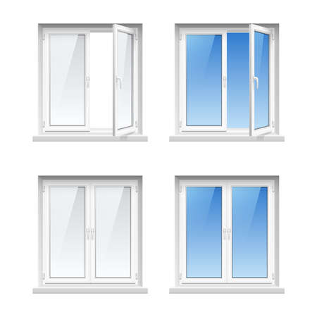 Energy cost saving easy to care plastic pvc window frames 4 realistic icons set isolated vector illustrationのイラスト素材