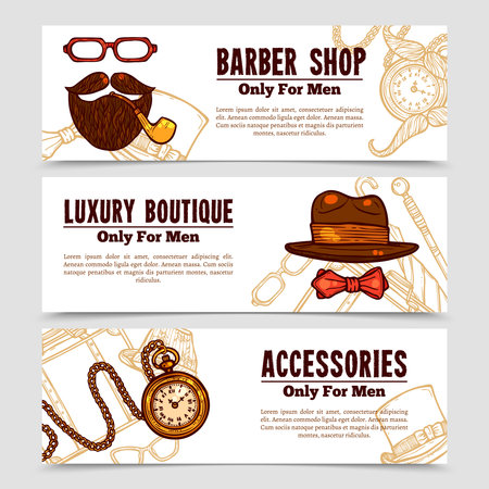 Vintage gentlemen banners set with luxury boutique accessories for men and barbershop emblem doodle isolated vector illustrationのイラスト素材