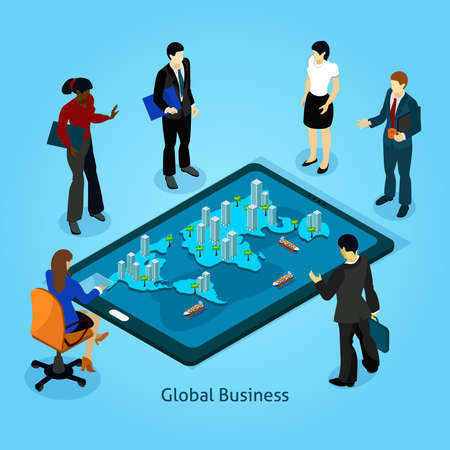 Global business isometric composition icons set with people standing around tablet vector illustrationのイラスト素材