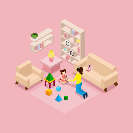 Family at home isometric banner with young mother and daughter in playroom with toys abstract vector illustrationのイラスト素材
