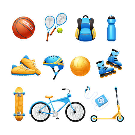 Summer outdoor activities sport equipment flat icons collection with tennis rackets and bicycle abstract isolated vector illustrationのイラスト素材