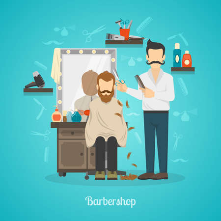 Color illustration depicting hairdresser in barber shop cutting client vector illustrationのイラスト素材