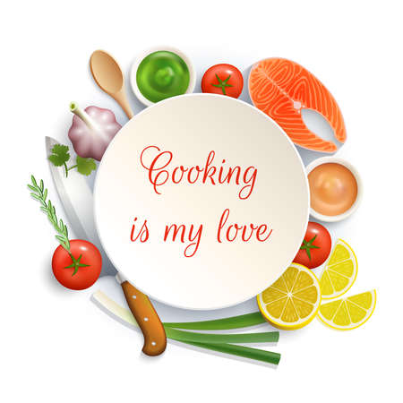 Love for cooking flat lay ingredients composition photo build around the plate with cock knife vector illustrationのイラスト素材