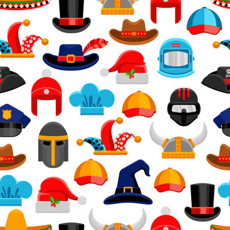 Headwear seamless colorful pattern with different kinds of hats from various ages and styles vector illustrationのイラスト素材