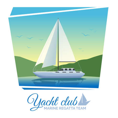 Yacht club poster with sailing ship on water flat vector illustrationのイラスト素材