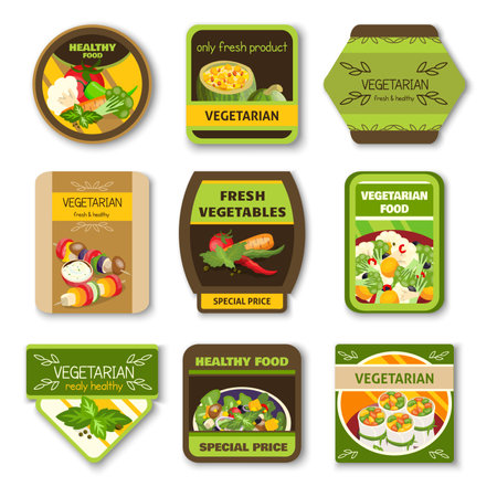 Vegetarian food colorful emblems with vegetables verdure spices for healthy lifestyle isolated vector illustrationのイラスト素材