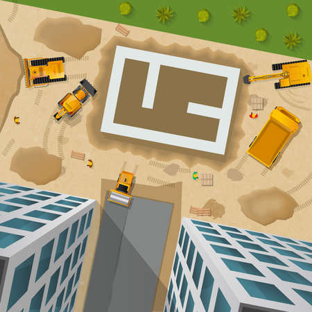 Building poster with various construction vehicles at the initial stage top view vector illustrationのイラスト素材