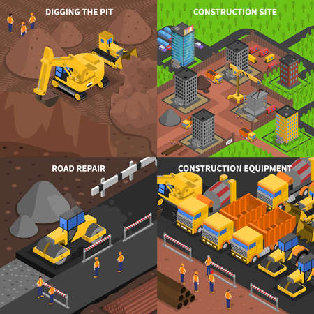 General construction concept  isometry with scenes of digging equipment site and road repair isolated vector illustrationのイラスト素材