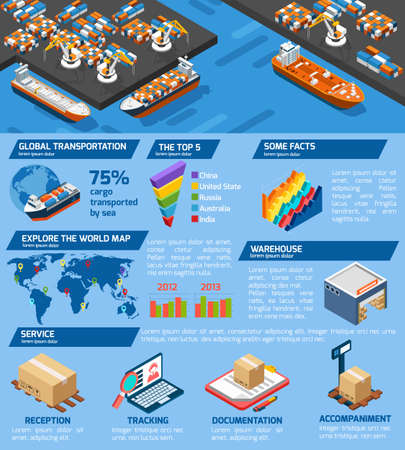 Seaport cargo transportation and storage infographic isometric poster with world top harbors statistics abstract vector illustrationのイラスト素材