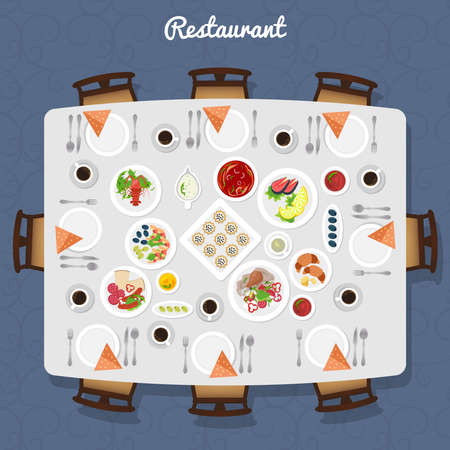 Restaurant Table poster with different meals and free places around top view vector illustrationのイラスト素材