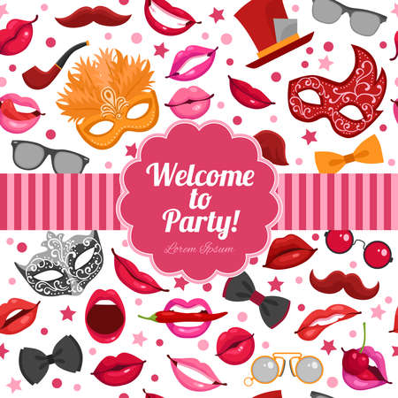 Welcome to birthday party festive invitation in red pink colors with masks and fake mustache symbols vector illustrationのイラスト素材