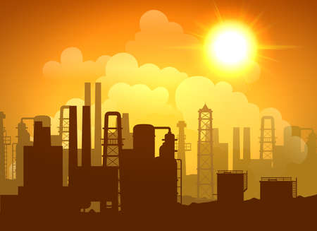 Oil refinery poster with towers pipes and tanks at sunrise or sunset vector illustrationのイラスト素材