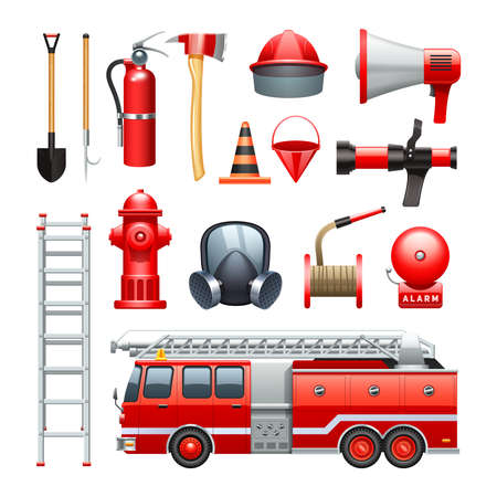 Firefighter tools equipment and engine red realistic icons collection with water house and extinguisher abstract vector illustrationのイラスト素材