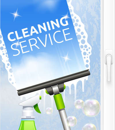 Window cleaning service concept with glass scraper and spray vector illustrationのイラスト素材