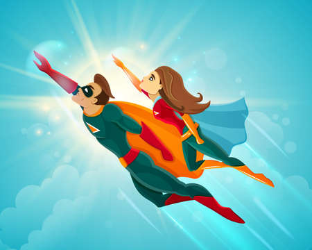 Super heroes couple man and woman flying together in blue sky vector illustrationのイラスト素材