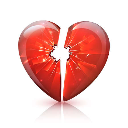 Broken red glossy plastic or glass heart symbol of love romance relations problems icon abstract vector illustrationのイラスト素材