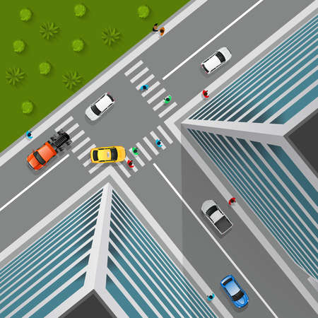 Top view on city crossroad in 3d design with cars pedestrians truck in business district vector illustrationのイラスト素材