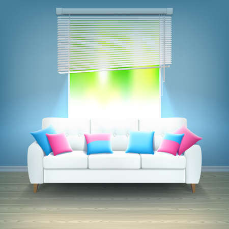 White leather luxury sofa with red and blue decorative cushions in bright neon light realistic vector illustrationのイラスト素材