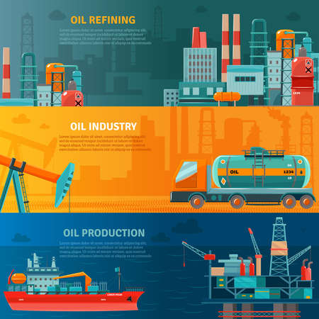 Oil industry horizontal banners set with production refining and transportation isolated vector illustrationのイラスト素材