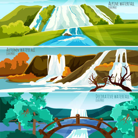 Horizontal banners collection with colorful pictures of waterfall landscapes in mountains flat vector illustrationのイラスト素材