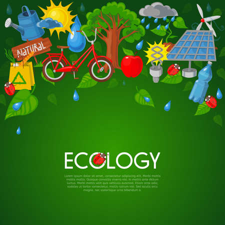 Ecology concept with nature recycling and green energy symbols flat vector illustrationのイラスト素材