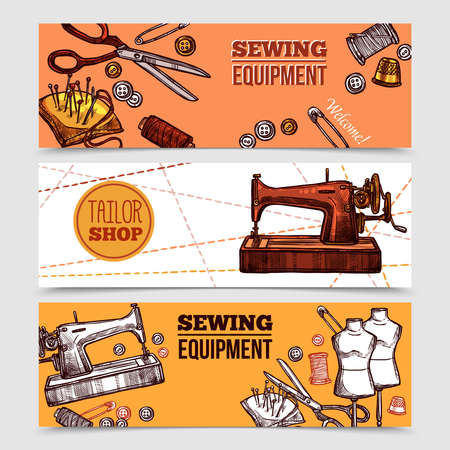 Vintage sewing banners with tailor tools mannequins and sewing machine in hand drawn style vector illustrationのイラスト素材