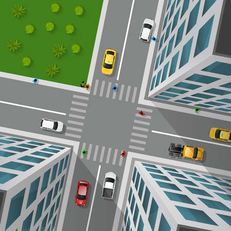 City street top view 3d design concept with crossroad cars buildings and markings of pedestrian crossings vector illustrationのイラスト素材
