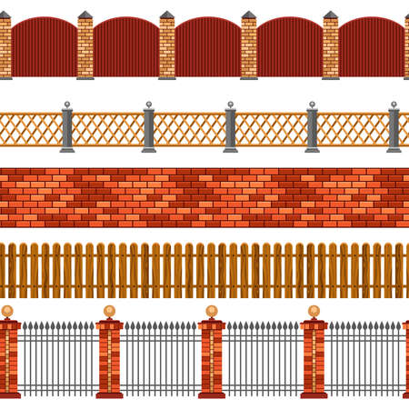 Vector illustration of horizontal seamless set of flat isolated fences and borders on white backgroundのイラスト素材